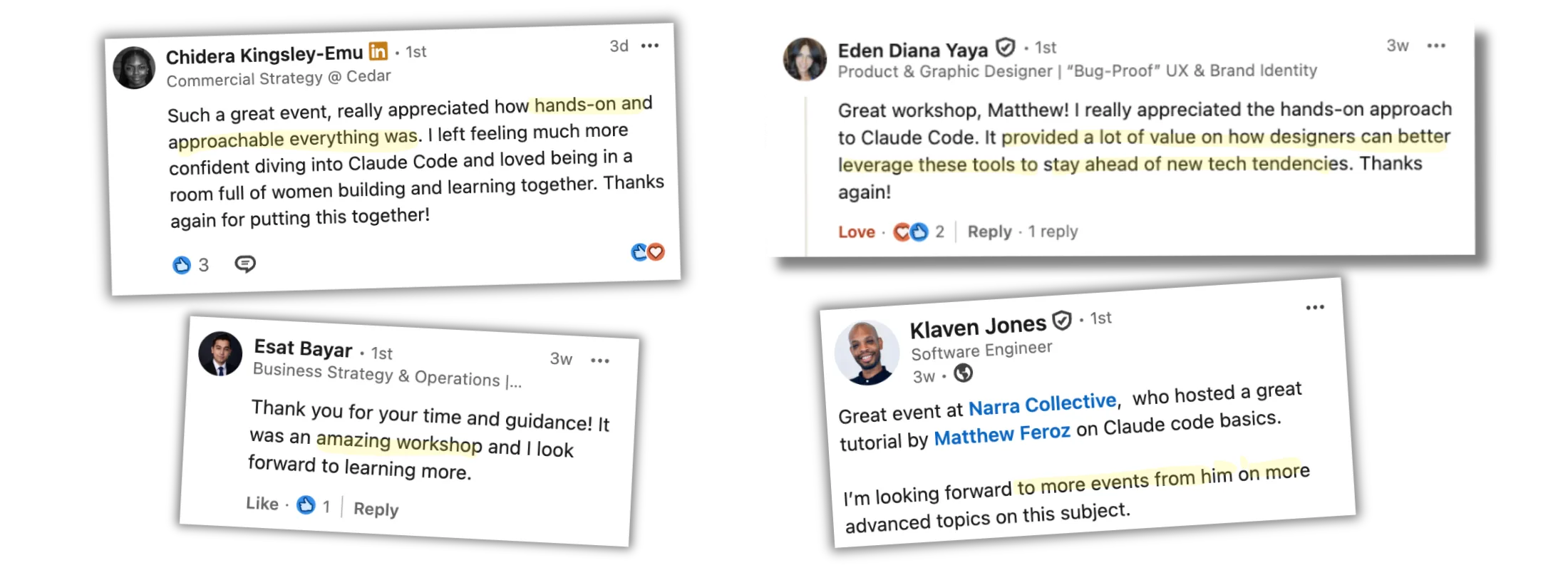 Attendee testimonials from Chidera Kingsley-Emu, Eden Diana Yaya, Esat Bayar, and Klaven Jones praising the hands-on Claude Code workshop.